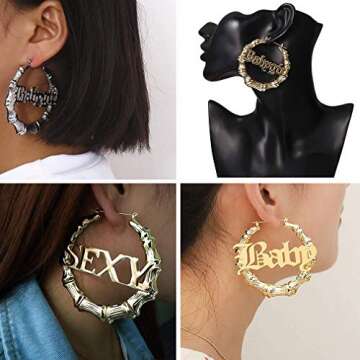 DHQH Custom Name Earrings Personalized Bamboo Hoop Earrings 18K Gold Plated Heart Customize Earrings for Women Hip-Hop Fashion Jewelry Gift