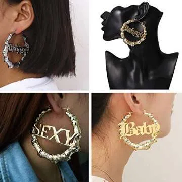 DHQH Custom Name Earrings Personalized Bamboo Hoop Earrings 18K Gold Plated Heart Customize Earrings for Women Hip-Hop Fashion Jewelry Gift