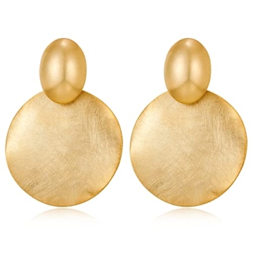 FAMARINE Matte Gold Big Disc Drop Dangle Earrings Statement Brushed Round Hammered Women Earrings Fa...