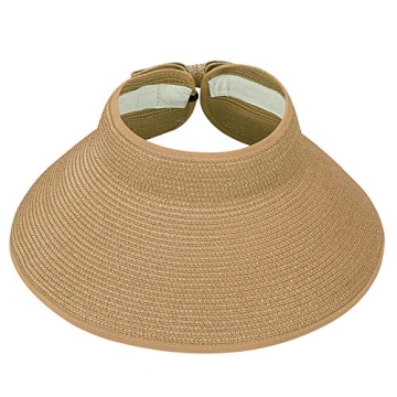 HDE Sun Visor for Women Roll Up Ponytail Hat Packable Beach Straw Visor Sun Hats Tan
