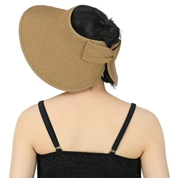 HDE Sun Visor for Women Roll Up Ponytail Hat Packable Beach Straw Visor Sun Hats Tan