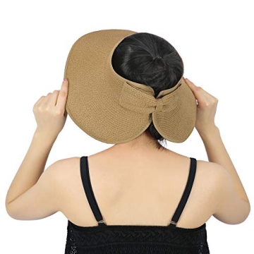 HDE Sun Visor for Women Roll Up Ponytail Hat Packable Beach Straw Visor Sun Hats Tan