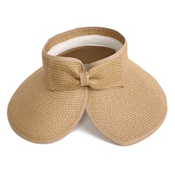 HDE Sun Visor for Women Roll Up Ponytail Hat Packable Beach Straw Visor Sun Hats Tan