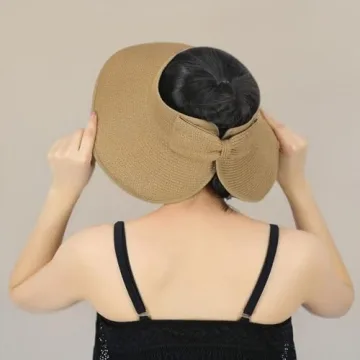 HDE Sun Visor for Women Roll Up Ponytail Hat Packable Beach Straw Visor Sun Hats Tan