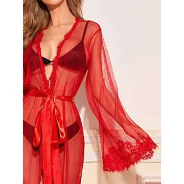Floerns Women's Sexy Long Lace Trim Sheer Mesh Belted Kimono Robe Swimsuit Coverup Red M