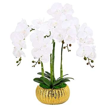 LIVILAN Artificial Flowers Fake Orchid Fake Plant White Orchid Silk Orchids Faux Orchid Plant Phalaenopsis Orchid Flower for Home Decor Kitchen Decoration Table centerpieces White with Gold vase