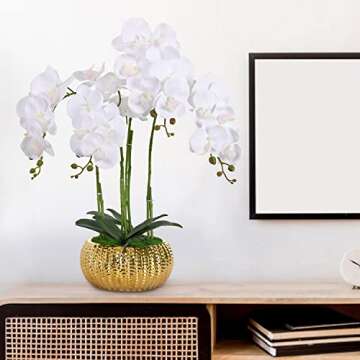 LIVILAN Artificial Flowers Fake Orchid Fake Plant White Orchid Silk Orchids Faux Orchid Plant Phalaenopsis Orchid Flower for Home Decor Kitchen Decoration Table centerpieces White with Gold vase