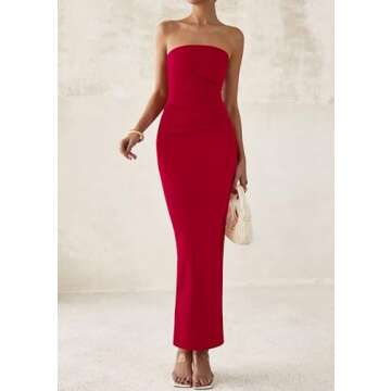 PRETTYGARDEN Women's Summer Semi Formal Cocktail Dresses Strapless Tube Bodycon Ruched Slit Evening Wedding Guest Maxi Dress (Red,Small)