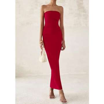 PRETTYGARDEN Women's Summer Semi Formal Cocktail Dresses Strapless Tube Bodycon Ruched Slit Evening Wedding Guest Maxi Dress (Red,Small)