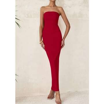 PRETTYGARDEN Women's Summer Semi Formal Cocktail Dresses Strapless Tube Bodycon Ruched Slit Evening Wedding Guest Maxi Dress (Red,Small)