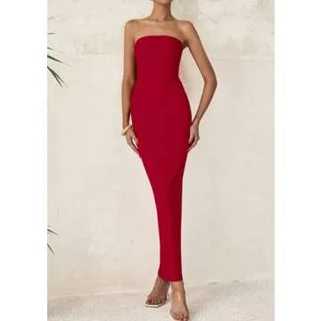 PRETTYGARDEN Women's Summer Semi Formal Cocktail Dresses Strapless Tube Bodycon Ruched Slit Evening Wedding Guest Maxi Dress (Red,Small)