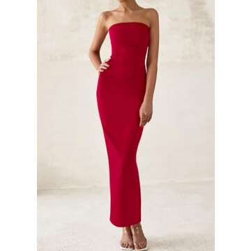 PRETTYGARDEN Women's Summer Semi Formal Cocktail Dresses Strapless Tube Bodycon Ruched Slit Evening Wedding Guest Maxi Dress (Red,Small)