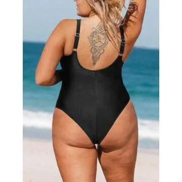 CUPSHE Women Plus Size One Piece Swimsuit V Neck Mesh Sheer Tummy Control Bathing Suit with Adjustab...