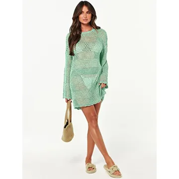 ANRABESS Women Swimsuit Crochet Swim Cover Up 2024 Summer Bathing Suit Swimwear Mesh Knit Beach Dress Vacation Outfits Light Green X-Large