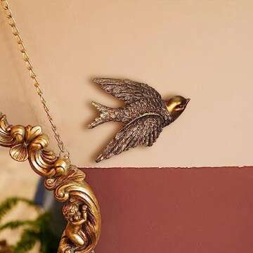 S-MANTIS Vintage Wall Sculpture, Antique Pediment Hallway Wall Art, Hand Painted Bird With Exquisite Wing And Feather Details, Aesthetic Room Decor Unique Gift (Antique Bird)