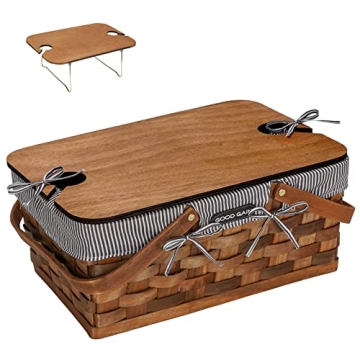 Woodchip Picnic Basket with Portable Wine Table for Outdoor Fun