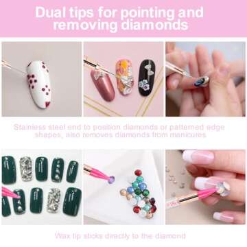 2 Pcs Dual End Nail Rhinestone Picker Dotting Wax Pen, Wax Tip Rhinestone Pen Tool, Dual Tips Pick Up Applicator DIY Nail Dotting Pen for Gems, Crystals, Nail Accessories for Manicure (Pink)