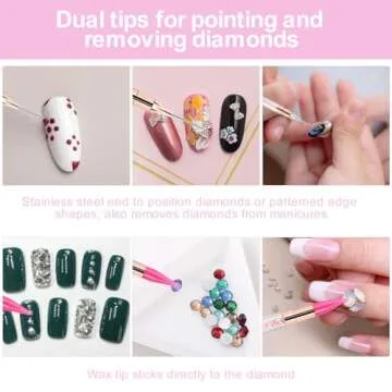 2 Pcs Dual End Nail Rhinestone Picker Dotting Wax Pen, Wax Tip Rhinestone Pen Tool, Dual Tips Pick Up Applicator DIY Nail Dotting Pen for Gems, Crystals, Nail Accessories for Manicure (Pink)
