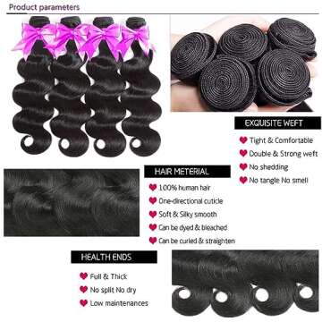 Body Wave Bundles Human Hair 4 Bundles (24 22 20 18 inches) 12A Brazilian Virgin Human Hair Body Wav...