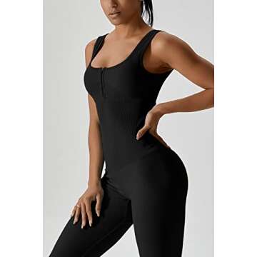 QINSEN Womens Stretch Zipper Closure Tank Top Jumpsuit Sleeveless Workout Playsuit Black L