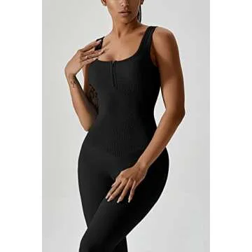 QINSEN Womens Stretch Zipper Closure Tank Top Jumpsuit Sleeveless Workout Playsuit Black L