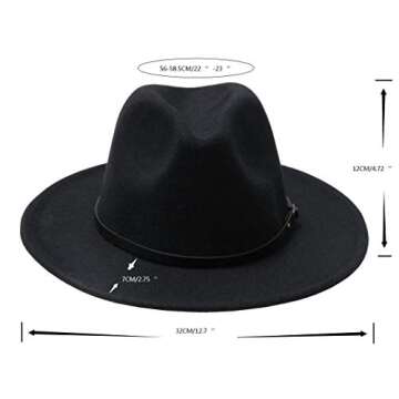 Women's Felt Panama Hats Classic Wide Brim Rancher Fedora with Belt Buckle (Black, 56-58cm/22-22.8in)