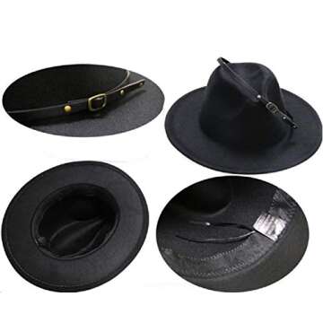 Women's Felt Panama Hats Classic Wide Brim Rancher Fedora with Belt Buckle (Black, 56-58cm/22-22.8in)