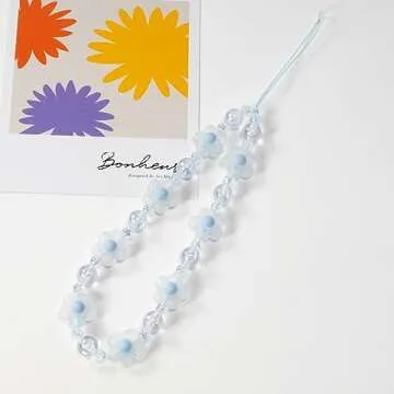 Meefisher Blue Flower Beaded Mobile Phone Charms Lanyard Aesthetic Sweet Cute Phone Wrist Strap Anti-Lost Chain for Women (Blue C)