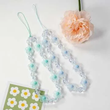 Meefisher Blue Flower Beaded Mobile Phone Charms Lanyard Aesthetic Sweet Cute Phone Wrist Strap Anti-Lost Chain for Women (Blue C)