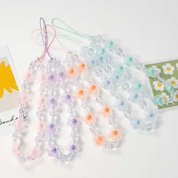 Meefisher Blue Flower Beaded Mobile Phone Charms Lanyard Aesthetic Sweet Cute Phone Wrist Strap Anti-Lost Chain for Women (Blue C)