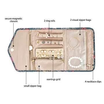 BAGSMART Travel Jewellery Organiser Roll Foldable Jewelry Case for Journey-Rings, Necklaces, Bracelets, Earrings, Flower Bird