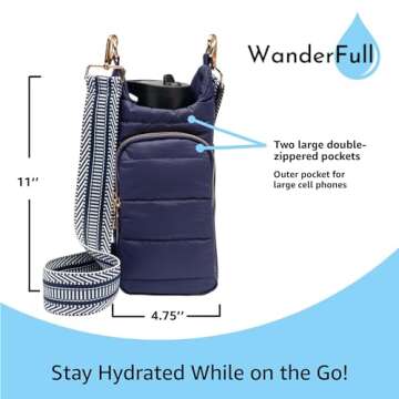 WanderFull Original HydroBag | Quilted Water Bottle Holder Crossbody Bag with Pockets and Strap | Carry 32 oz Water Bottle, Tumbler, Phone, Purse | Matte Navy, Patterned Strap