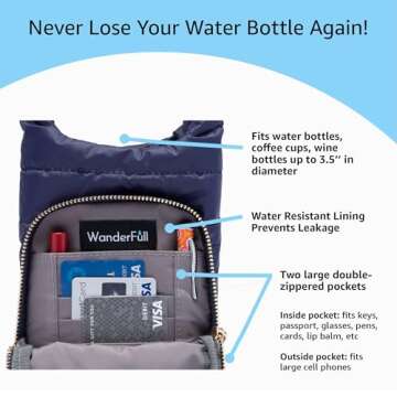 WanderFull Original HydroBag | Quilted Water Bottle Holder Crossbody Bag with Pockets and Strap | Carry 32 oz Water Bottle, Tumbler, Phone, Purse | Matte Navy, Patterned Strap