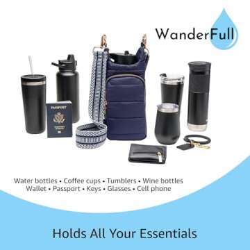 WanderFull Original HydroBag | Quilted Water Bottle Holder Crossbody Bag with Pockets and Strap | Carry 32 oz Water Bottle, Tumbler, Phone, Purse | Matte Navy, Patterned Strap