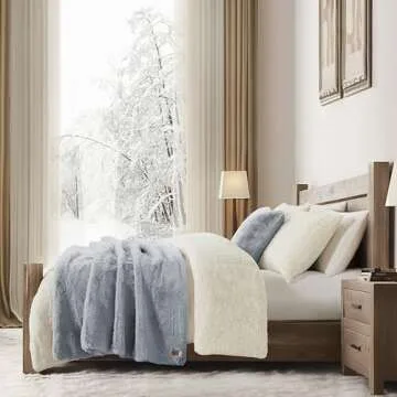 UGG 11069 Euphoria Plush Faux Fur Reversible Throw Cozy Fuzzy Fluffy Blanket for Couch Bed Hotel Style Luxury Machine Washable Home Decor Luxurious Soft Throws for Sofa, 50 x 70-inch, Chambray