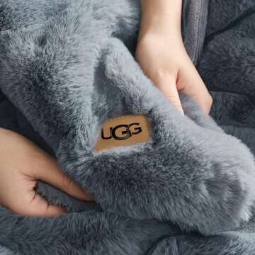 UGG 11069 Euphoria Plush Faux Fur Reversible Throw Cozy Fuzzy Fluffy Blanket for Couch Bed Hotel Style Luxury Machine Washable Home Decor Luxurious Soft Throws for Sofa, 50 x 70-inch, Chambray