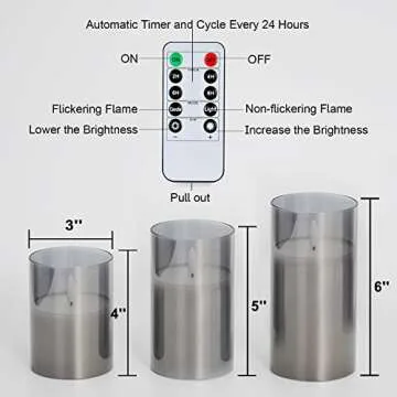 Amagic Glass Flameless Candles, Battery Operated Candles, LED Pillar Candles with Remote Control and Timer, Electric Fake Candles, Wax, Grey Glass, D3 H4 5" 6", Set of 3