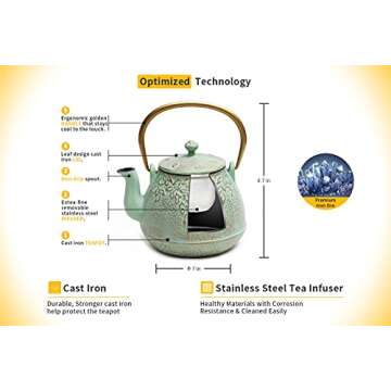 Tea Kettle, TOPTIER Japanese Cast Iron Teapot with Infuser for Loose Leaf and Tea Bags, Stovetop Safe Cast Iron Tea Kettle Coated with Enameled Interior for 40 oz (1200 ml), Light Green