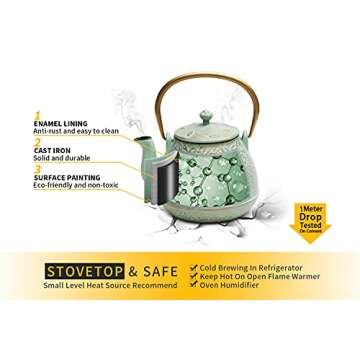 Tea Kettle, TOPTIER Japanese Cast Iron Teapot with Infuser for Loose Leaf and Tea Bags, Stovetop Safe Cast Iron Tea Kettle Coated with Enameled Interior for 40 oz (1200 ml), Light Green