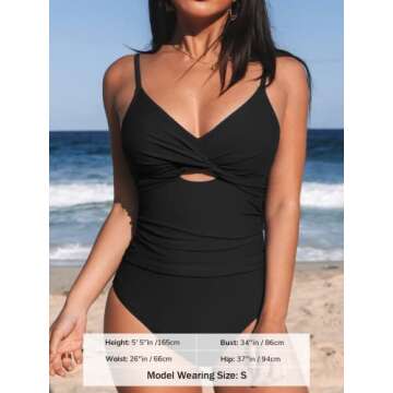 CUPSHE One Piece Swimsuit for Women Bathing Suits Twist Front Cutout Adjustable Straps Ruched Swimwear M, Black