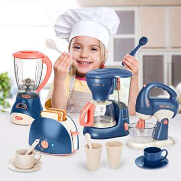 Yalujumb Pretend Play Kitchen Appliances Toy Set with Coffee Maker Machine,Blender, Mixer and Toaste...