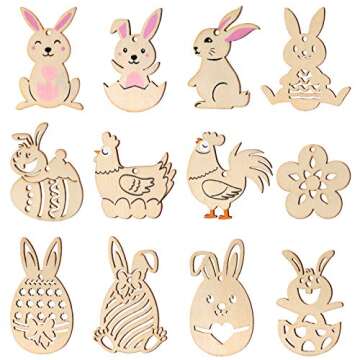 Toyvian 48 Pieces Easter Crafts Wooden Ornaments Easter Decorations Unfinished Wood Egg Bunny Butterfly Flower Shape with Drawing Pen and Cords for DIY Easter Party Craft