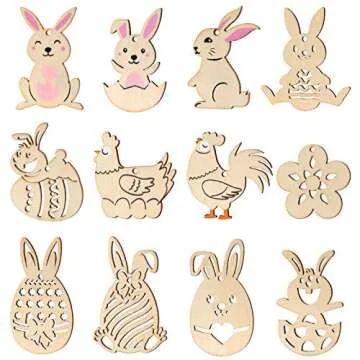 Toyvian 48 Pieces Easter Crafts Wooden Ornaments Easter Decorations Unfinished Wood Egg Bunny Butterfly Flower Shape with Drawing Pen and Cords for DIY Easter Party Craft