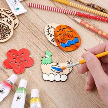 Toyvian 48 Pieces Easter Crafts Wooden Ornaments Easter Decorations Unfinished Wood Egg Bunny Butterfly Flower Shape with Drawing Pen and Cords for DIY Easter Party Craft