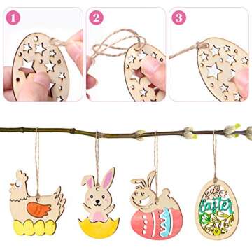 Toyvian 48 Pieces Easter Crafts Wooden Ornaments Easter Decorations Unfinished Wood Egg Bunny Butterfly Flower Shape with Drawing Pen and Cords for DIY Easter Party Craft