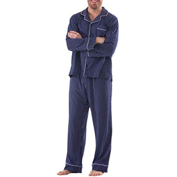PajamaGram Pajamas For Men - Luxury Long Sleeve Set in Navy Stripe