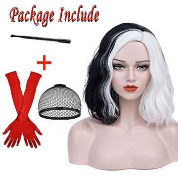 Ruina Half Black White Cruella Deville Wig for Cruella Deville Costume Women Girls Cruella Costume C...