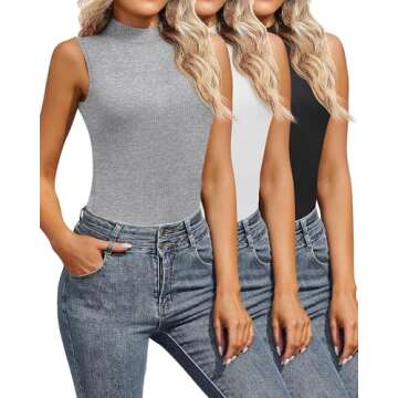 Xaatren 3 Pack Women's Sleeveless Mock Turtlenecks Shirts, Ribbed Stretch Slim Fitted Tank Top Basic...