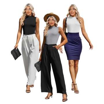 Xaatren 3 Pack Women's Sleeveless Mock Turtlenecks Shirts, Ribbed Stretch Slim Fitted Tank Top Basic Lightweight Bustier Tee(White, Black, Gray,Small)