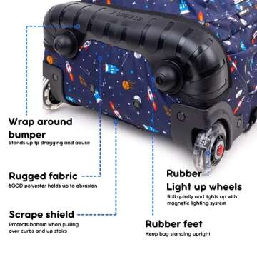 J World Lollipop Kids Rolling Backpack & Lunch Bag Set for Elementary School. Carry-On Suitcase with Wheels, Spaceship